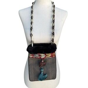 Vintage Mixed‎ Media Shoulder Bag Fur Faux Fur Trim Plaid Floral Brocade Tassel